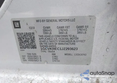 2018 Chevrolet Silverado 1500 1Lt из США, поврежденный, VIN 1GCVKREC1JZ293623